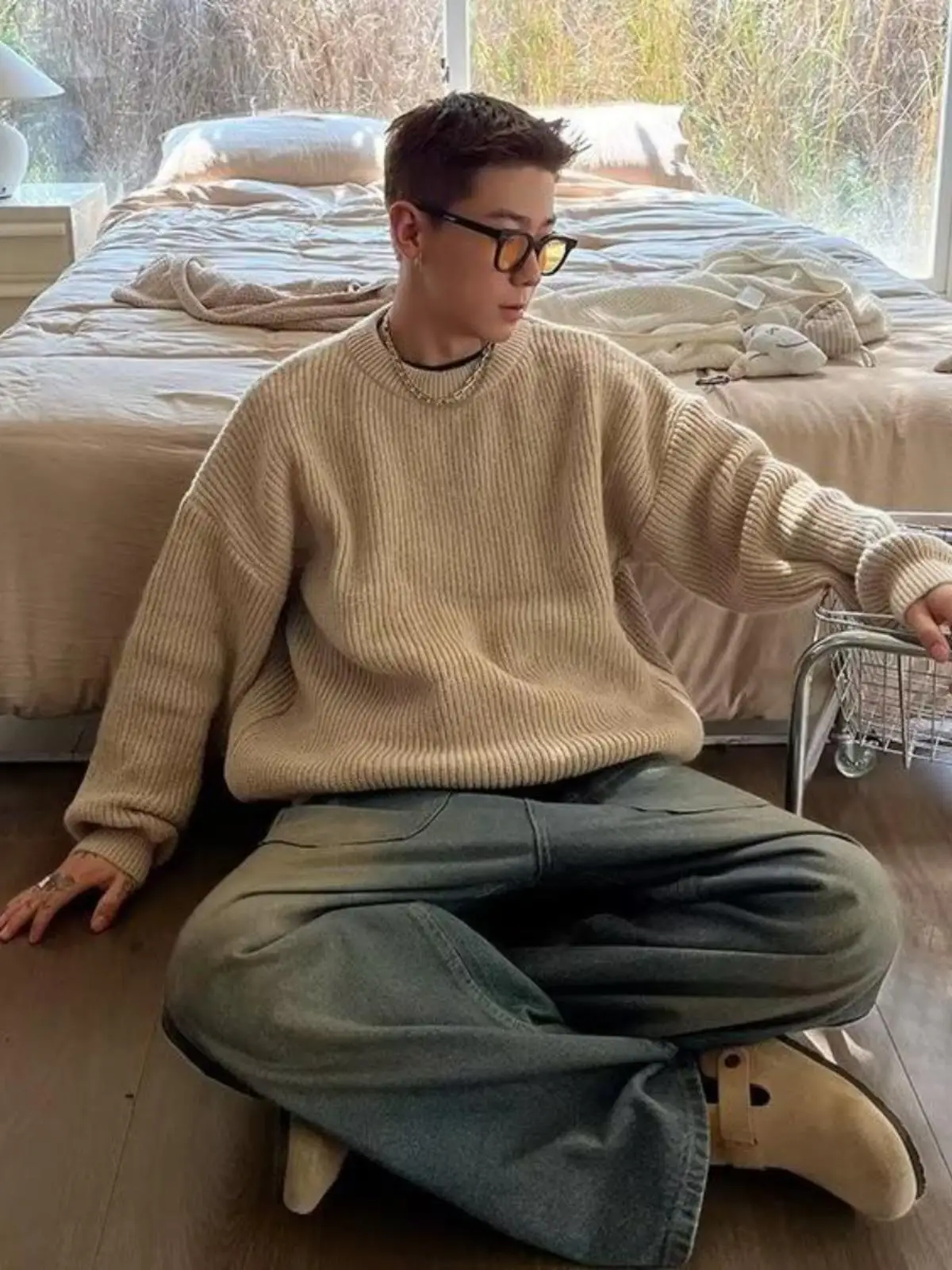 

Мужской вязаный свитер в японском стиле с круглым вырезом, в американском ретро-стиле, свободный крой, молодежный, зимний, повседневный, с длинным рукавом, с круглым вырезом горловины