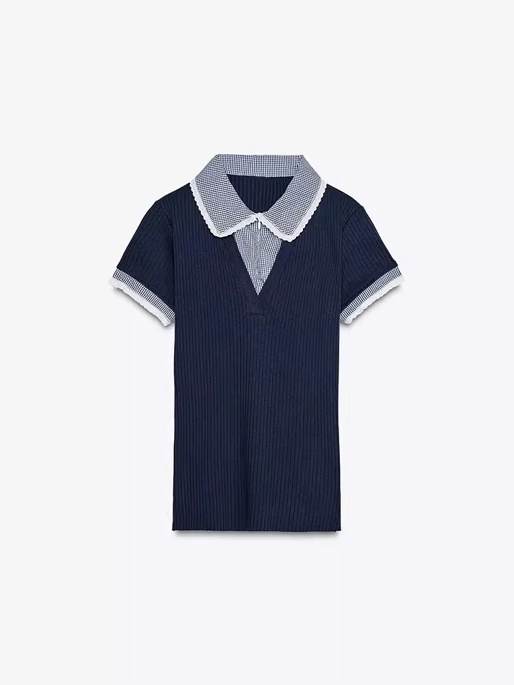 Primavera 2025 Moda Femenina Cseta de Manga Corta con Cuello  y Bloques de Color Diseño Simple Acordonado Estilo para ...