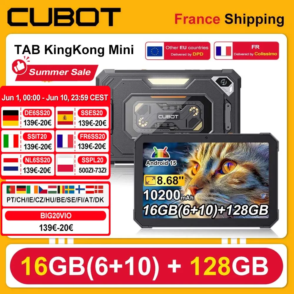 Cubot Tab KingKong Mini Android 15 Rugged Tablet 16GB(6+10) 128GB 10200mAh 8.68'' 90Hz Screen Camping Light 48MP Camera GPS Pad