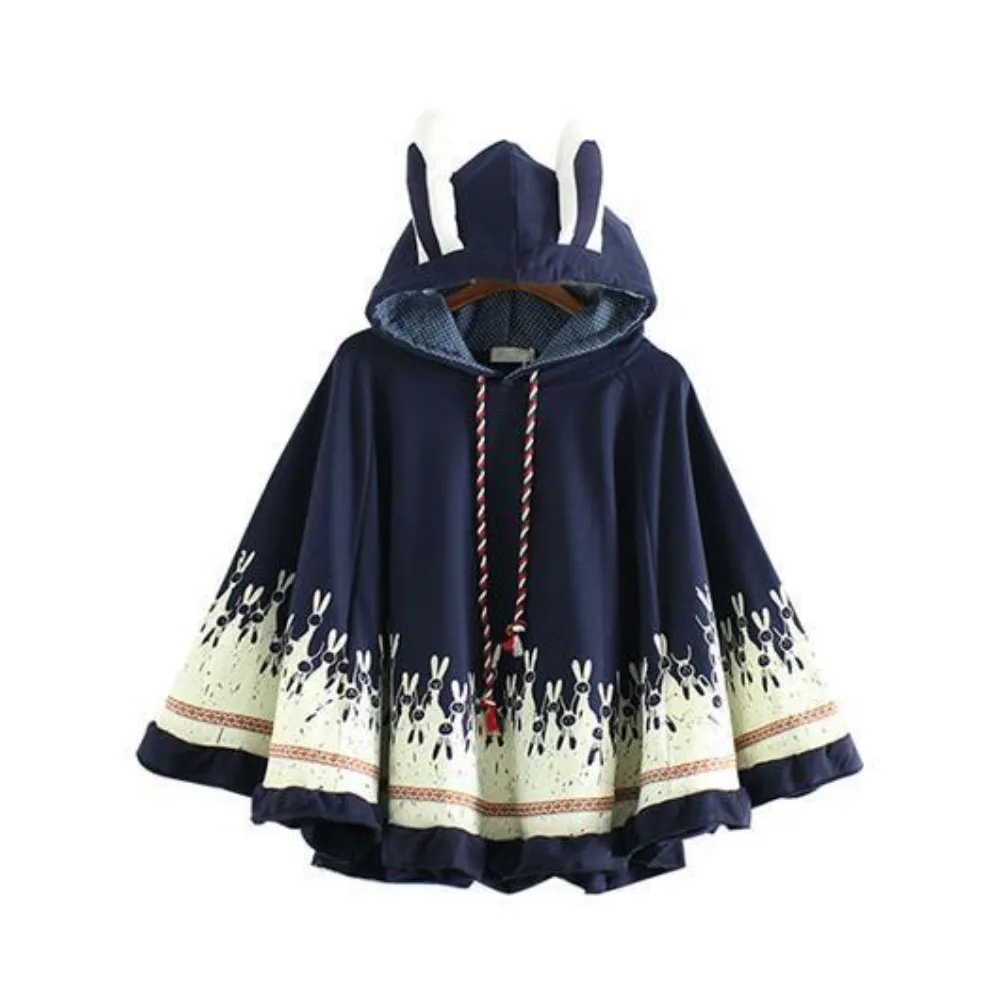 

Preppy style Poncho Cloak Jackets Lolita Girl JK Kawaii Rabbit Big Ears With Hat Batwing Sleeve Spring Autumn Coat Cloak Cape