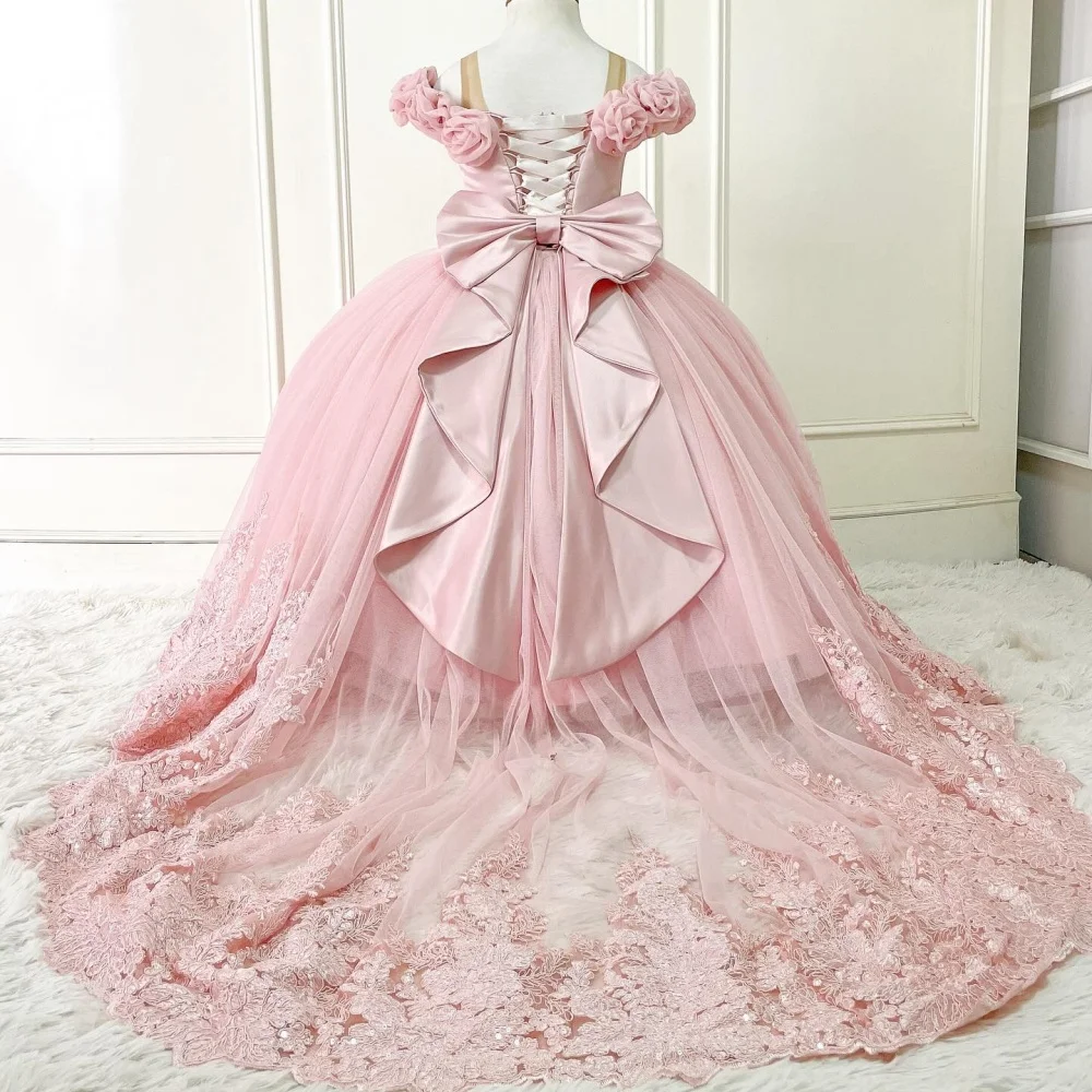 Royal Blue Luxury Customized Wedding Flower Girl Dress For  Off Shoulder 3D Flowers Lace Tulle Dress Kids First Communion Gowns