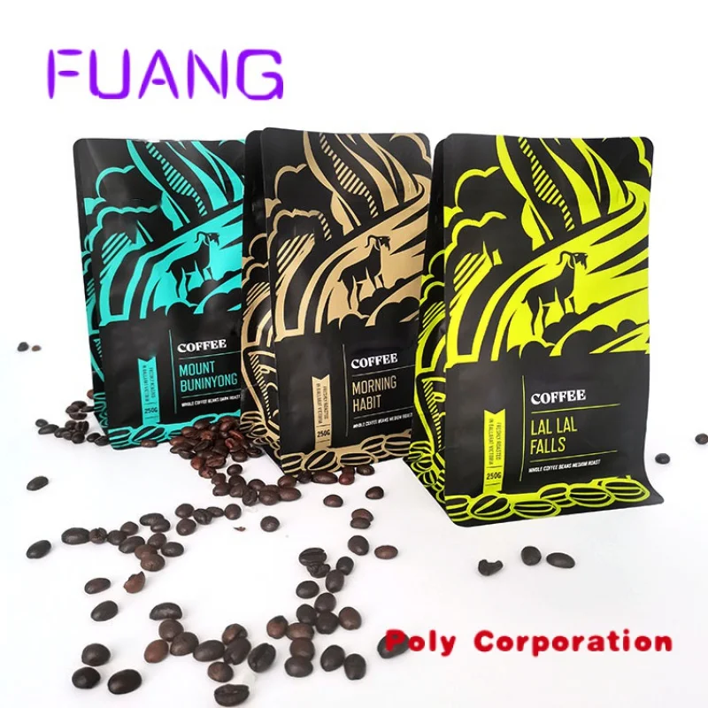 Custom  Custom Flat Bottom Pouch Gusset Coffee Packing Bag Aluminum Foil Eight Side Sealed Zipper Coffee Bag