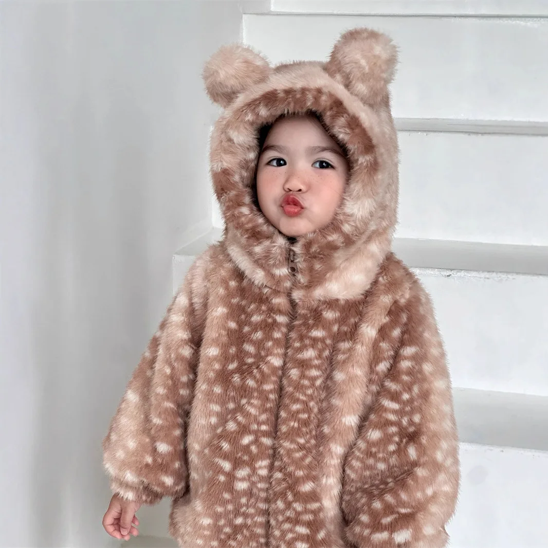 Boys and Girls Fleece Thickened Modern No Hair Shedding Retro Deer Pattern Spotted Fur Hooded Ear Jacket