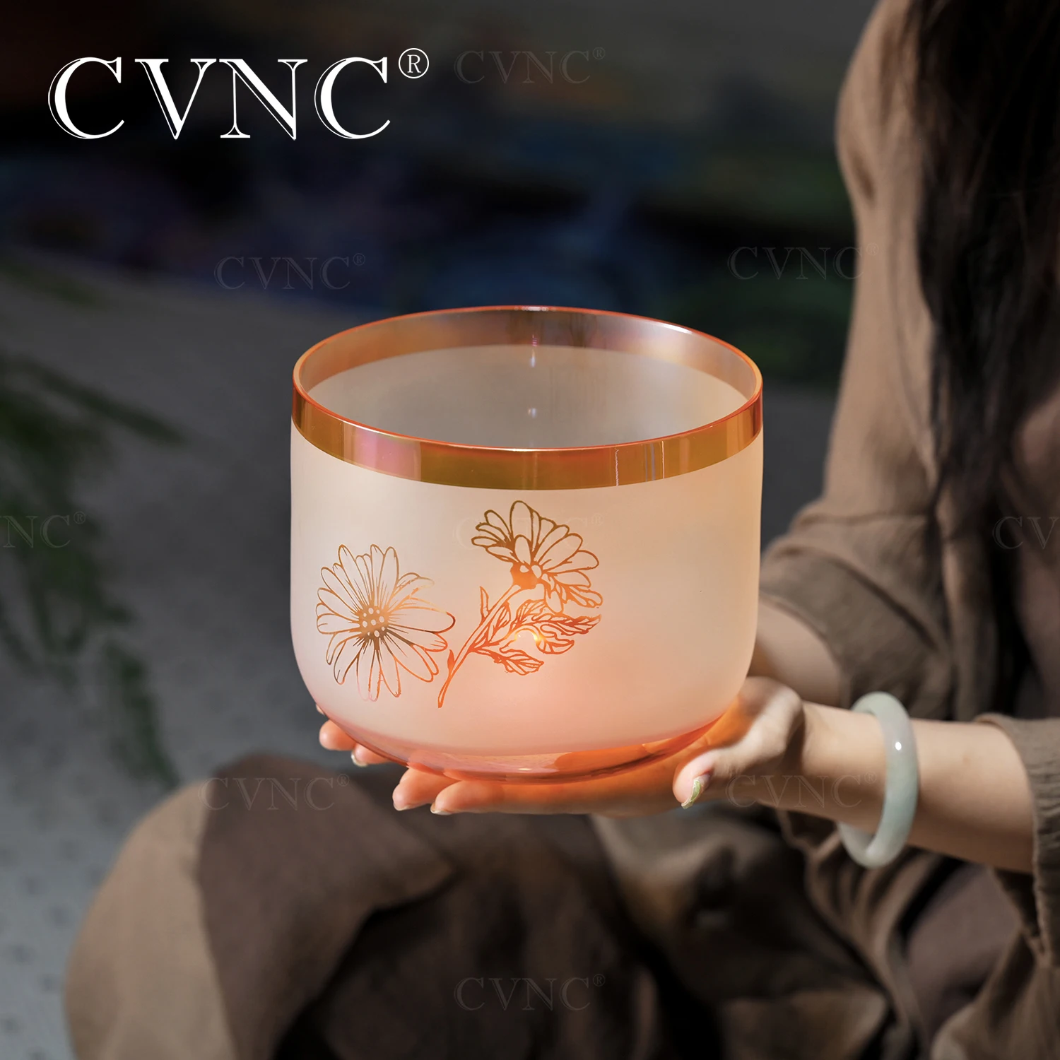 

CVNC 7 Inch Summer Flowers Color Clear Quartz Crystal Singing Bowl for Meditation and Sound Healing with mallet