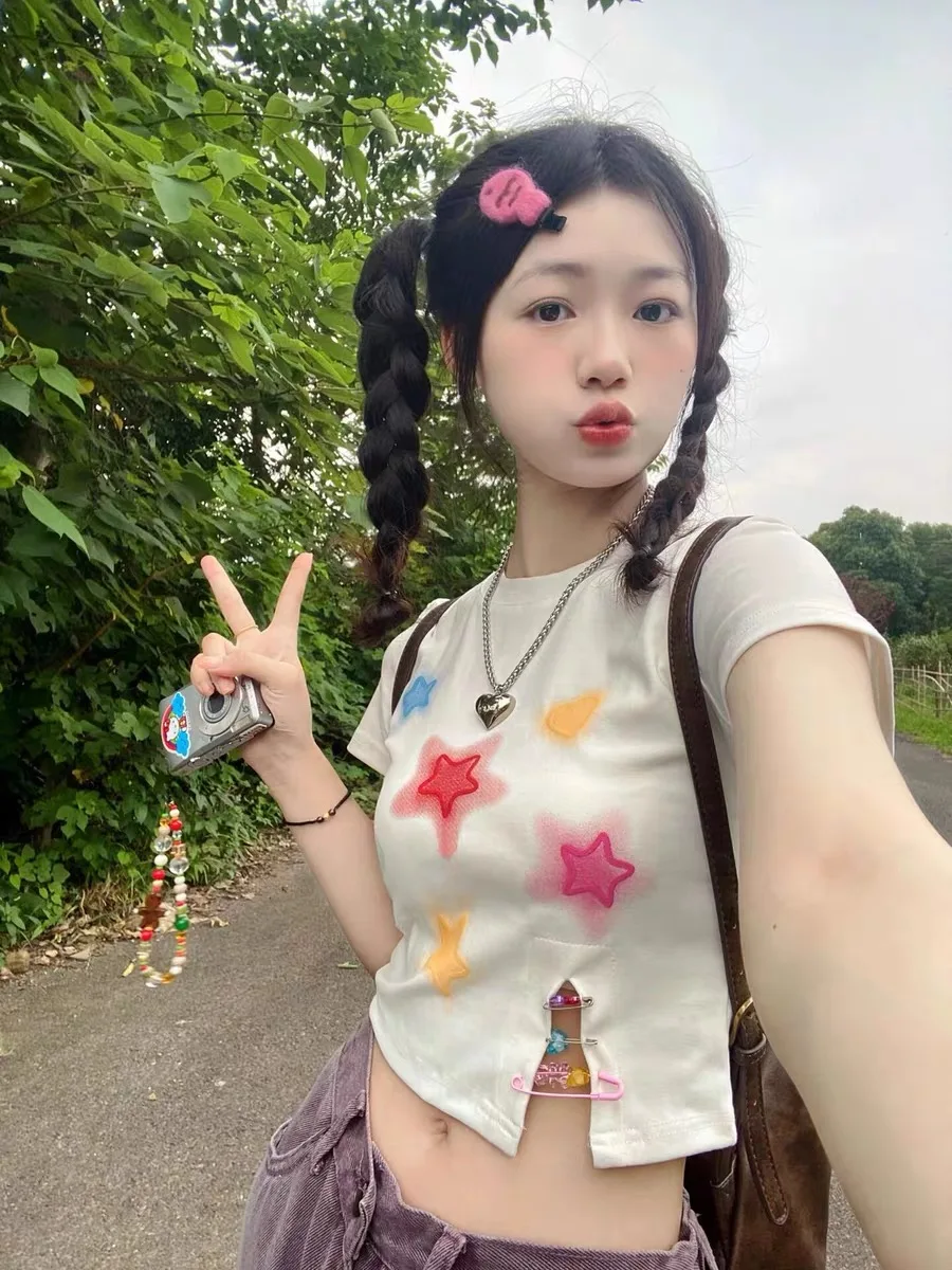 

White Casual ort Sve T-irt Women's Slim Fit Sle Korean Version Commute Sle Summer Top Student Fun Cartoon Pattern