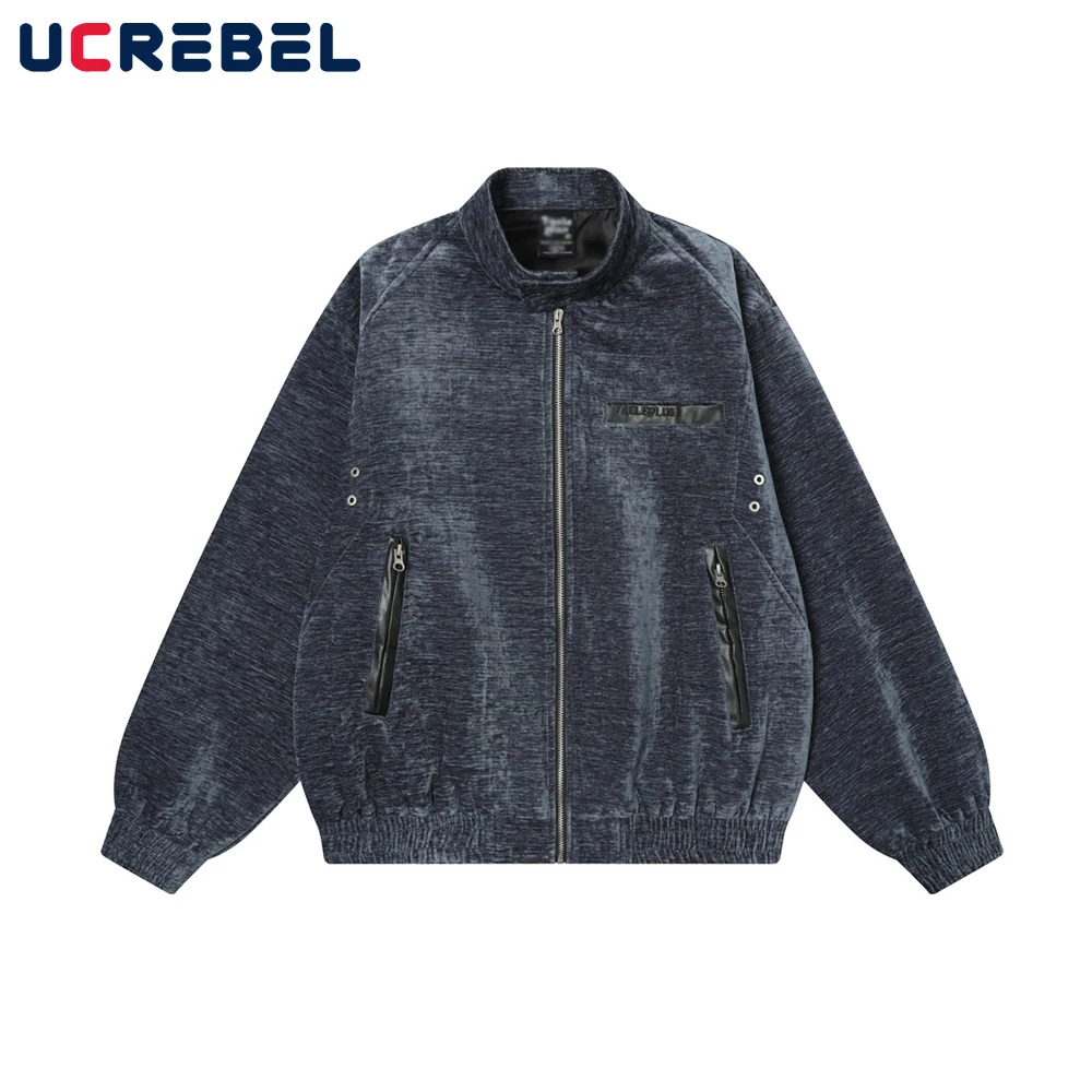 

Embroidery Spliced Cargo Jacket Mens Retro High Street Autumn Stand Collar Long Sleeve Loose Outerwear Men