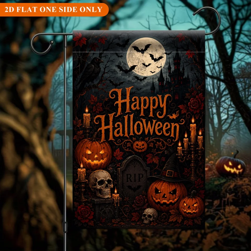 2D Flat Garden Flag 1PC, Halloween Pumpkin with Full Moon, Durable Polyester Material, Single-Sided Printing, Outdoor Garden Decoration, Suitable for Lawns, Gardens, Terraces, Celebration Flags, Flags Only Excluding Flagpoles