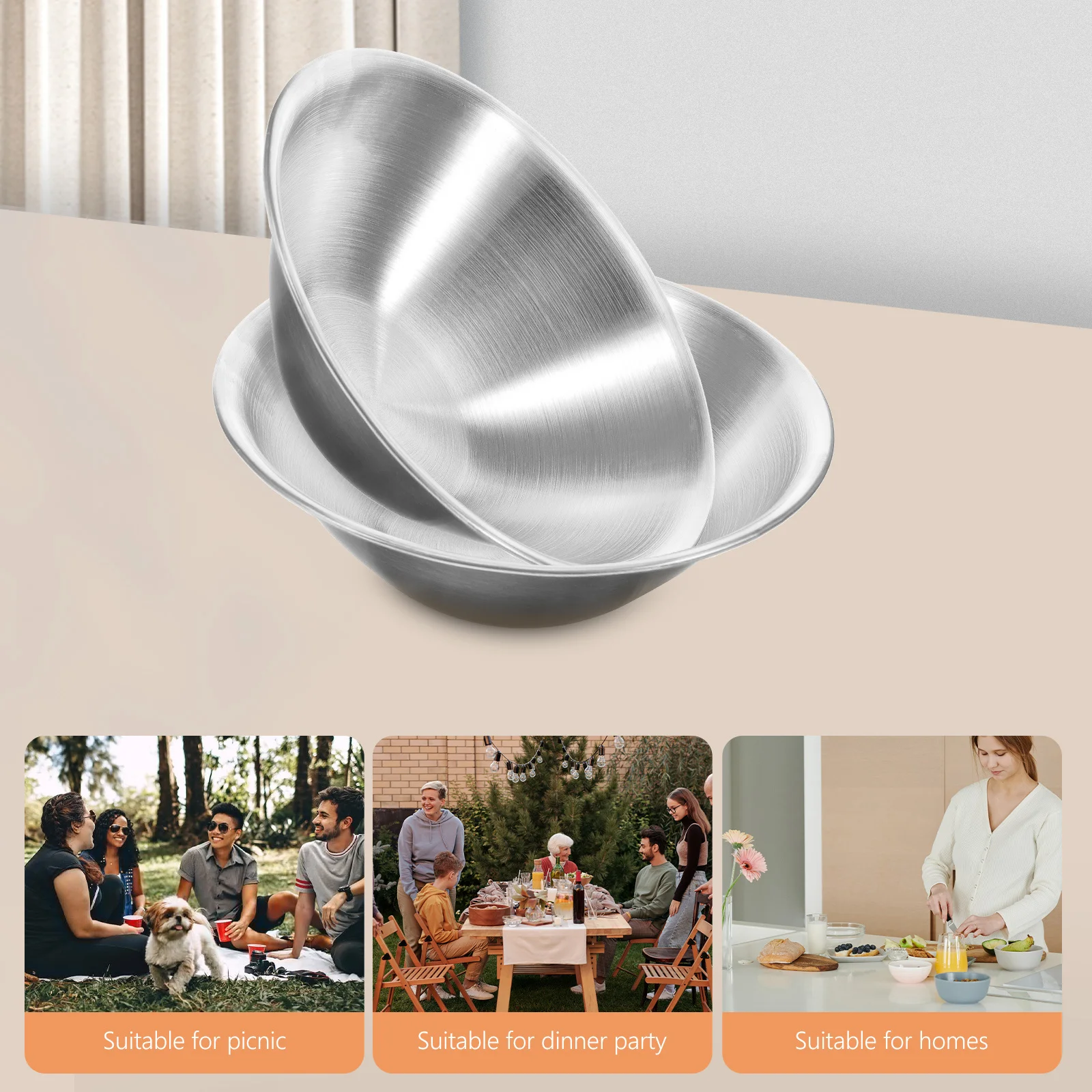 2Pcs Stainless Steel Mixing Bowl Set Smooth Lightweight Stackable Salad Bowl for Indoor Outdoor Multi-Function Serving Use