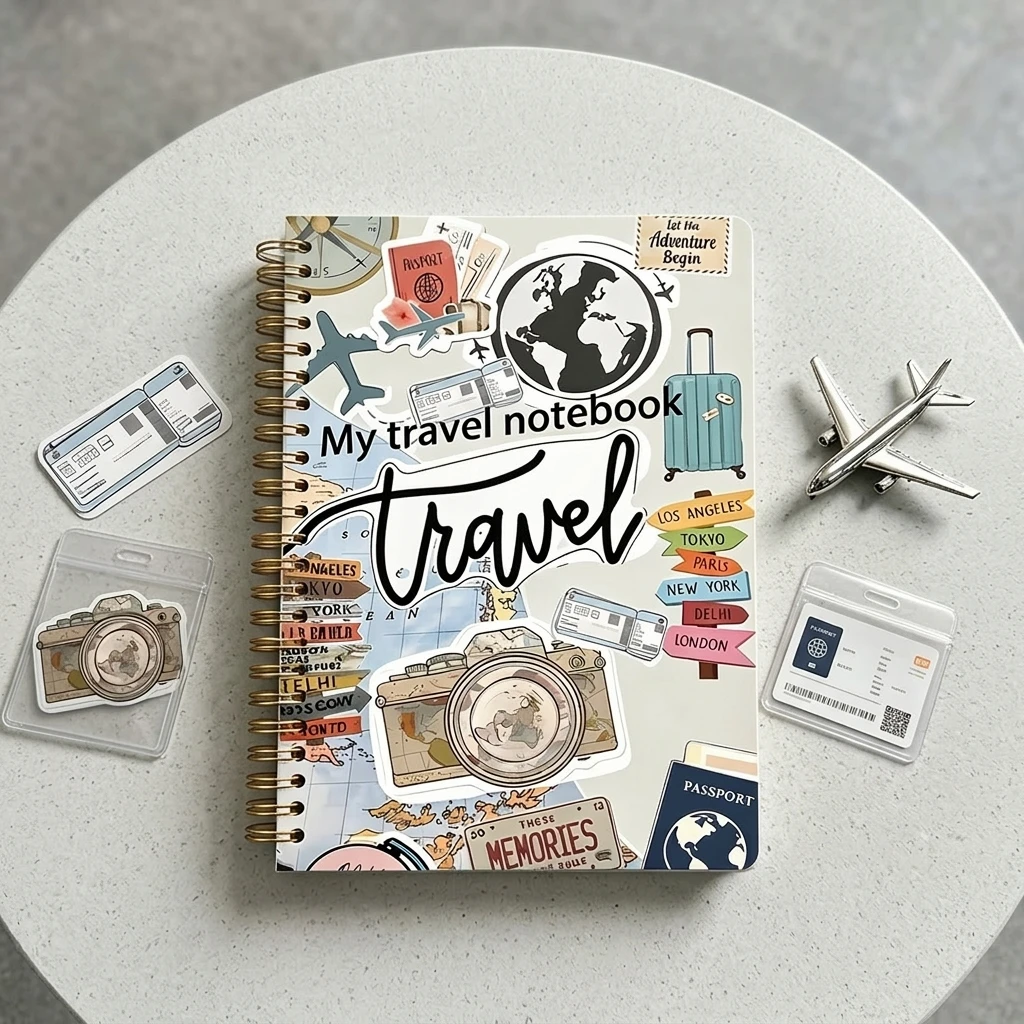 Spiral-Bound Travel Journal World Stamp-Collage-Cover High Quality Lined Paper 21x14cm for Travel Writing Daily Notes