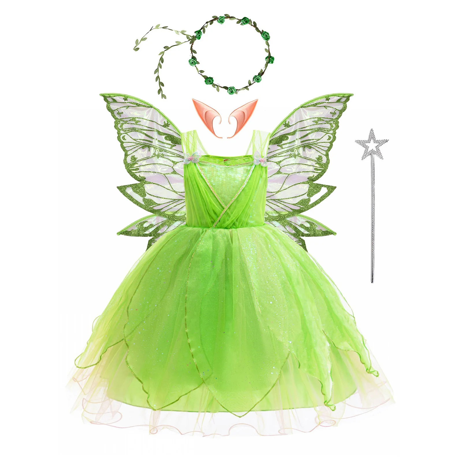 Girls Flower Fairy Dress Up Kids Princess Tulle Dress With Wings Fairy Stick Garland Elf Ears Costume Elves Party Outfits