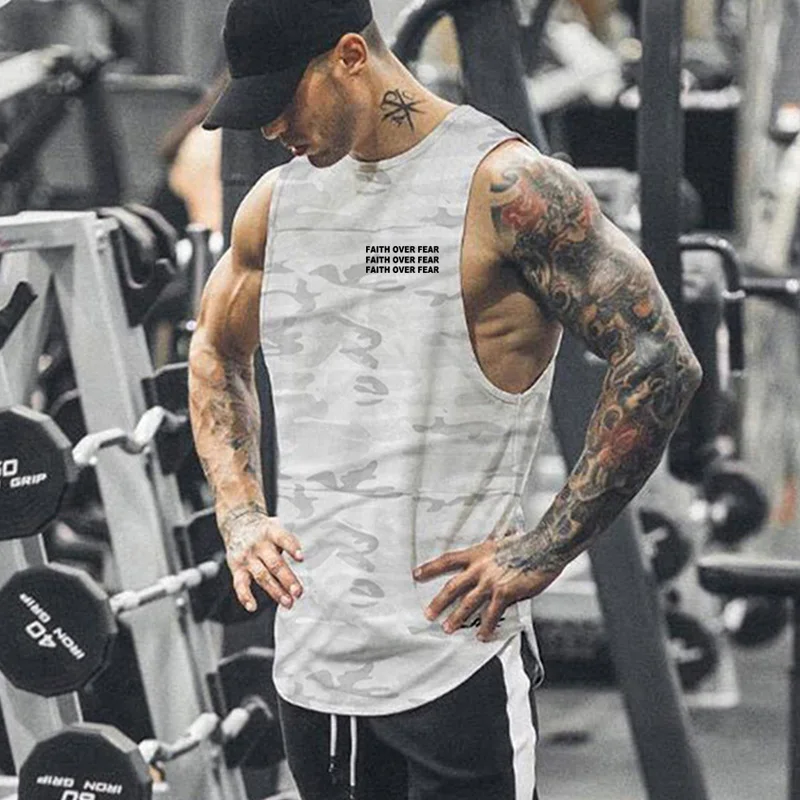 Faith Over Fear Sleeveless Summer T-shirts Gym Bodybuilding Muscle Mesh Quick Dry Tank Tops Mens Fitness Sport Camouflage Vests