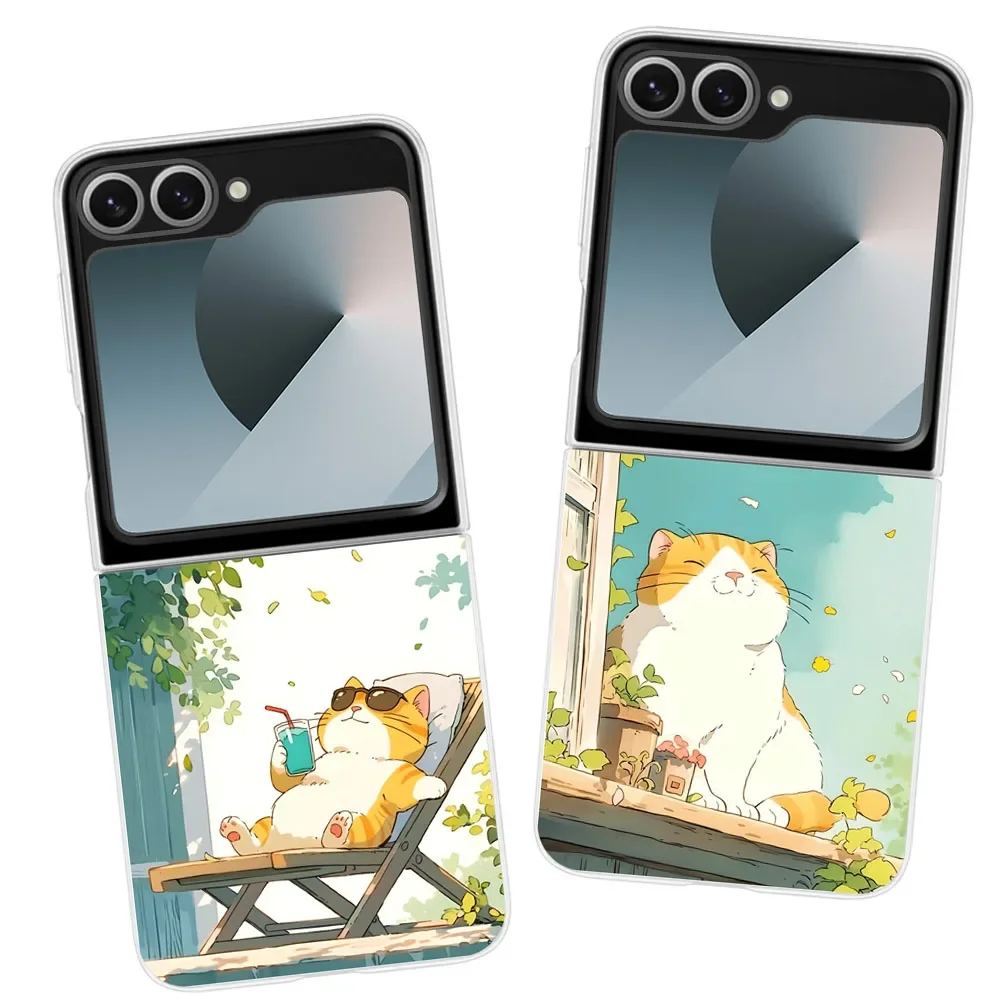Plain Cute Lazy Cat with Milk Tea Pattern Case for NEW Samsung Galaxy Z Flip 7 6 5 4 3 5G Clear Shell Flip5 Flip6 INS Funda Para