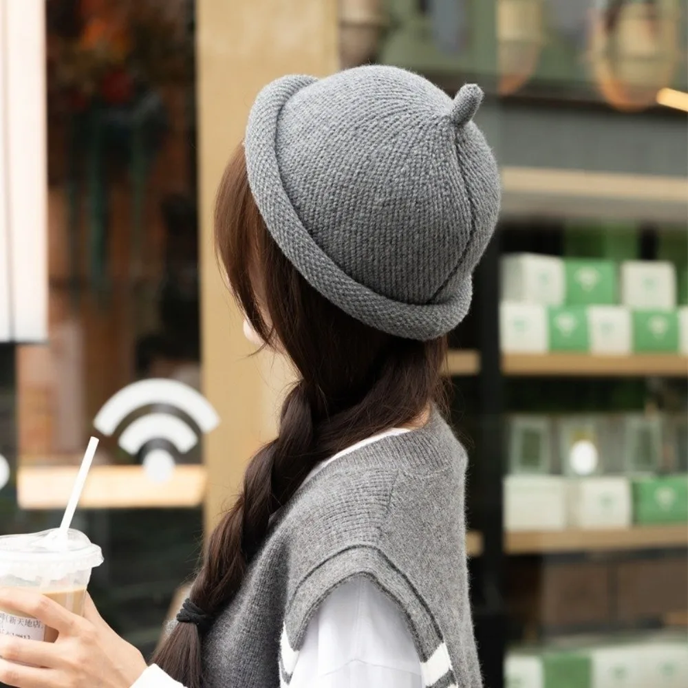 Fashion Solid Color Melon Skin Hat Knitted Keep Warm Painter Hat Hip Hop Rolled Edge Beret Cap Winter