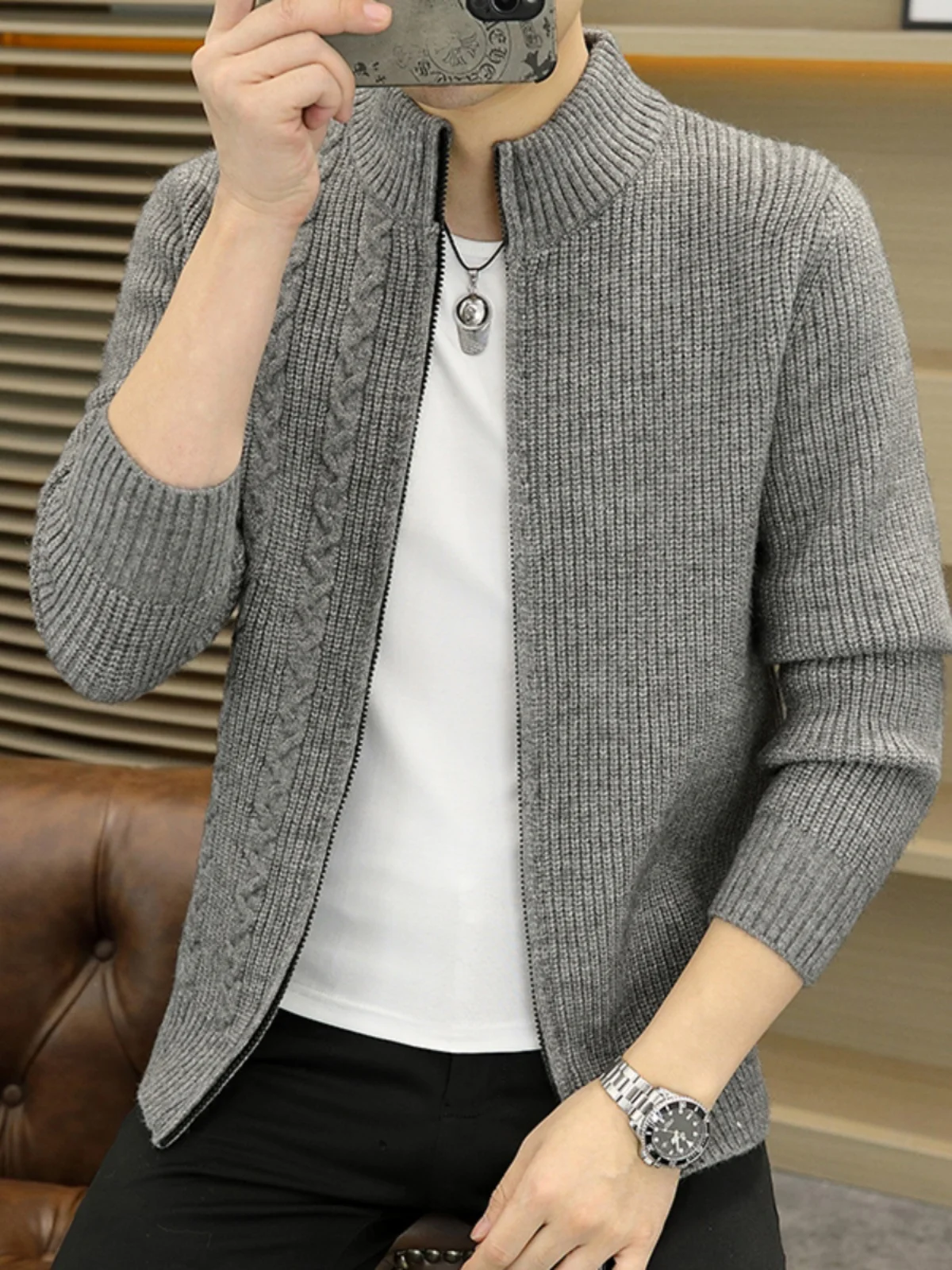 

Men's Knitted Sweater Zipper Cardigan Stand Collar Autumn Winter Faion Twisted Line Jaet Color Baseball Sle Coat