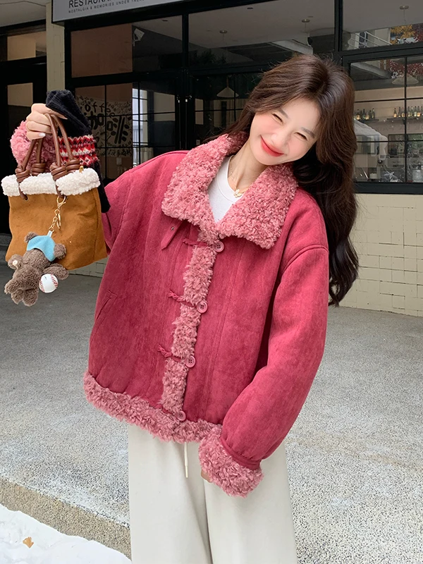 Pink Lamb Fur Jaet Women's ort Sle Warmth Inteated Leather And Fur Autumn And Winter New Faion Anti-Aging Outerwear