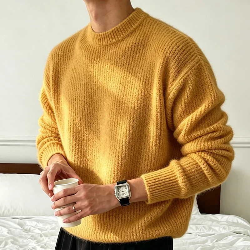 Herren Einfarbiger Strickpullover Frühling Herbst Lässige Mode Gerippte Textur Langarm Lockerer Rundhals-Strickpullover – Detail 19