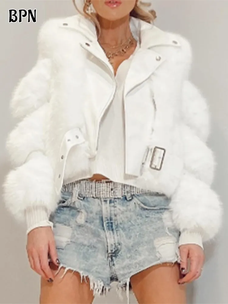 

BPN Streetwear Fashion Coat For Women Lapel Puff Long Sleeve Patchwork zipper Fur Elegant Loose Coats Female Clothing Winter New