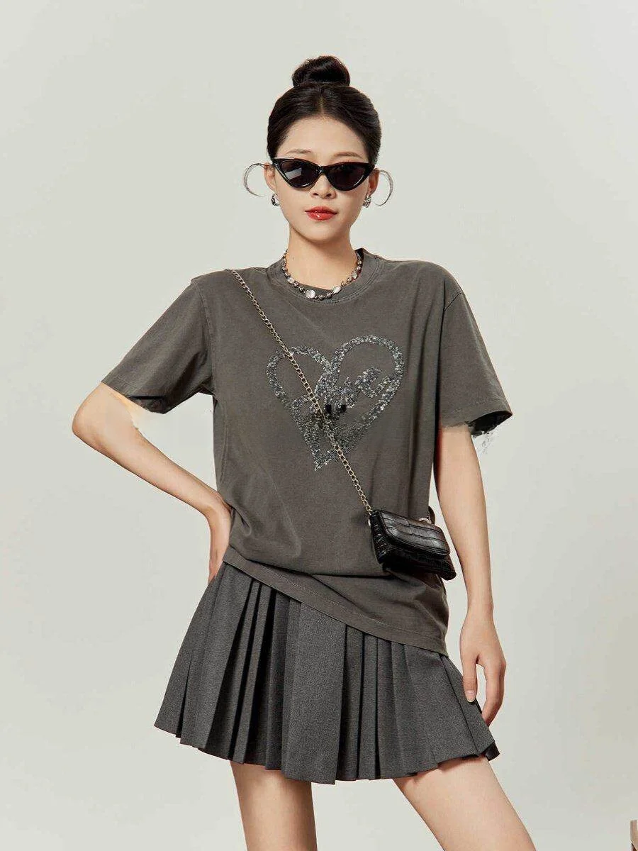 

ey Heart Bead ort Sve round Ne Casual Faion Loose Women's T-irt Commute Sle Korean Version Spring Autumn New A...