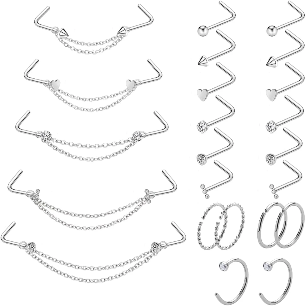 23pcs/Set 20G Nose Ring Piercing Chain Stainless Steel Across Nostril Jewelry With CZ Hoop Bone Screw L-Shape Stud for Women Men