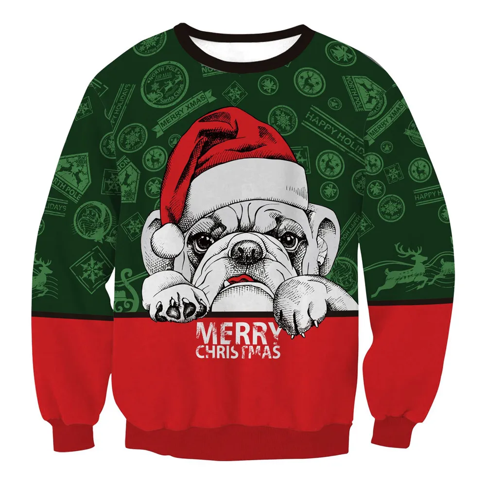 Men Women Holiday Party Sweatshirt 3D Christmas Dog Print New Year Eve Xmas Jumper Tops Unisex Pullover Ugly Christmas Sweater