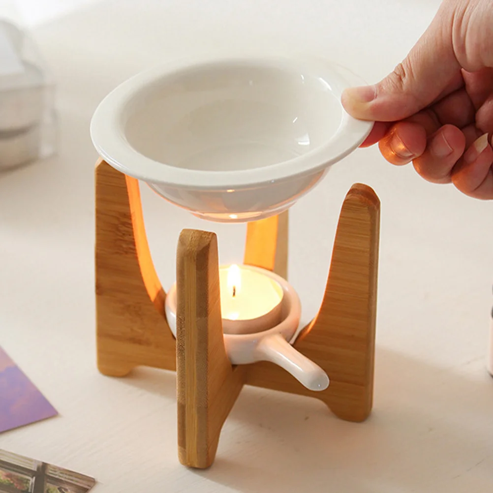 

1 set of Bamboo Base Essential Oil Burner Ceramic Scented Warmer Wax Melt Warmer Tealight Holder