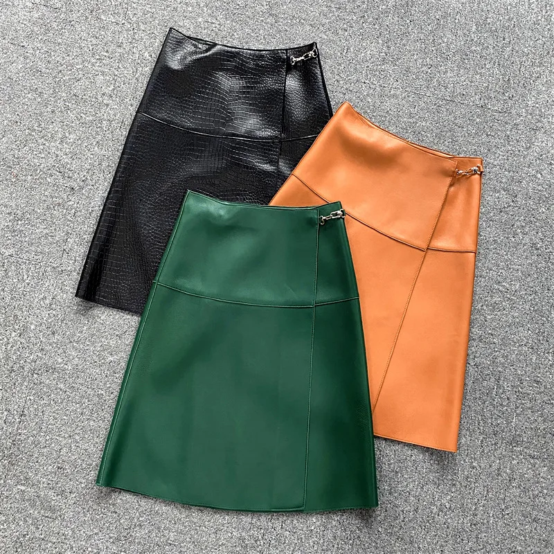 Genuine Leather Midi Skirt Women Korean Fashion Metal Buckle Design Faldas Mujer Soft Sheepskin Urban Style A-line Slim Spódnica