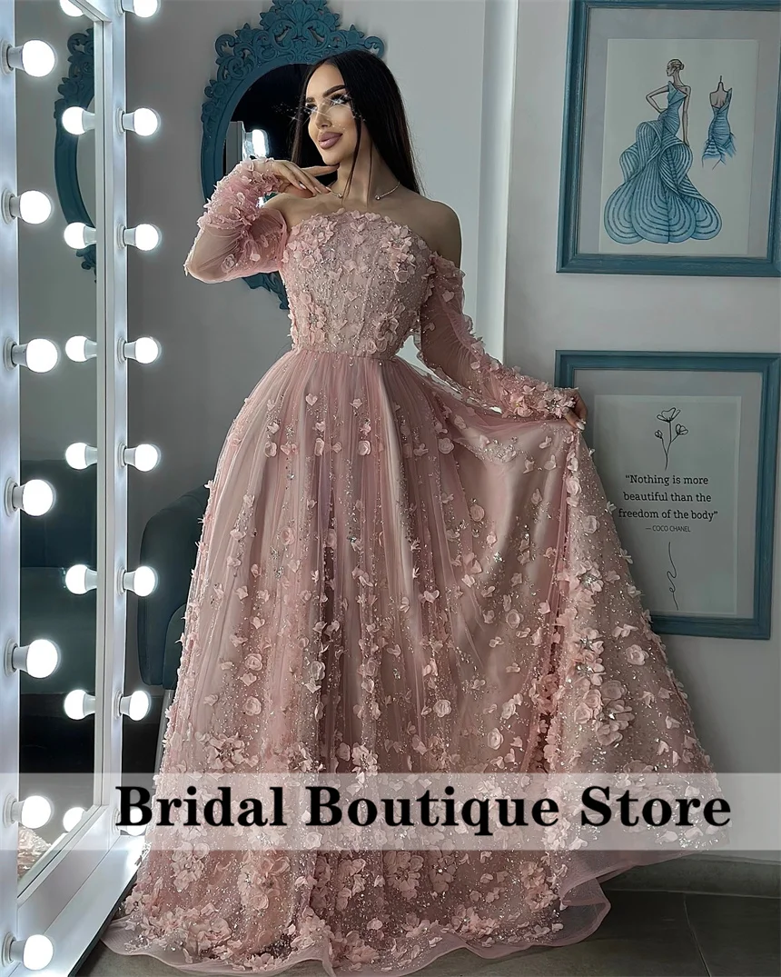 فستان سهرة أنيق وردي مطرز عاري الكتفين وأكمام طويلة زهور مطرز بالخرز 2025 فستان رسمي لحفلات الزفاف حسب الطلب