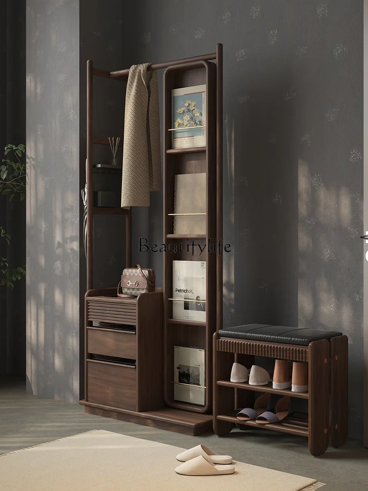 Solid Wood Coat and Hat Rack Floor Bedroom Storage with Full Body Mirror Dressing Mirror Clothes Rack Integrated