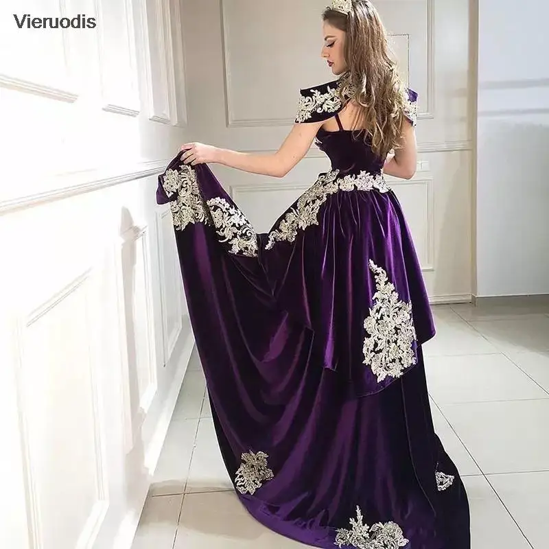 فستان سهرة حورية البحر أرجواني 3 قطع تنورة قابلة للانفصال بفتحة جانبية مزين فساتين حفلات برقبة عالية قطيفة ذهبية جزائرية #2