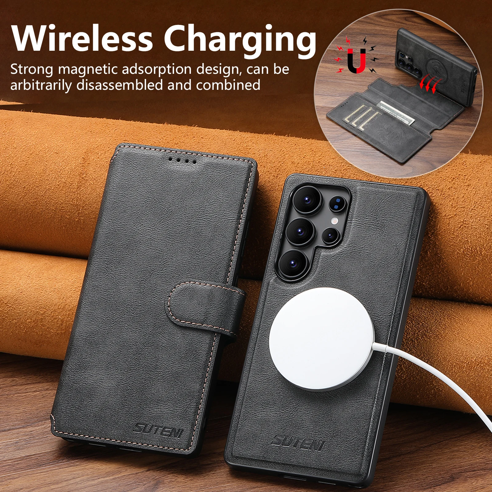 SUTENI PU Leder Drahtlose Lade Karte Halter Stehen Brieftasche Magnetische Flip-Cover Telefon Fall Für Samsung Galaxy S25 Ultra S24 S23 – Detail 17