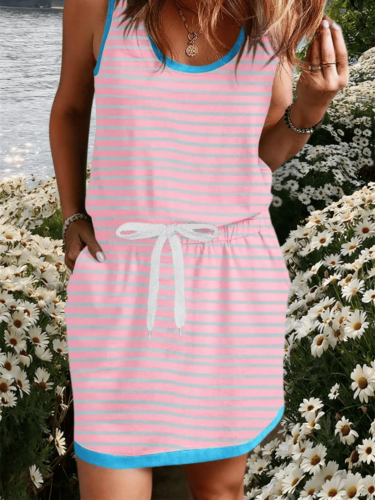 

Womens Striped Cotton Sleeveless Mini Dress With Drawstring Waist And Pockets