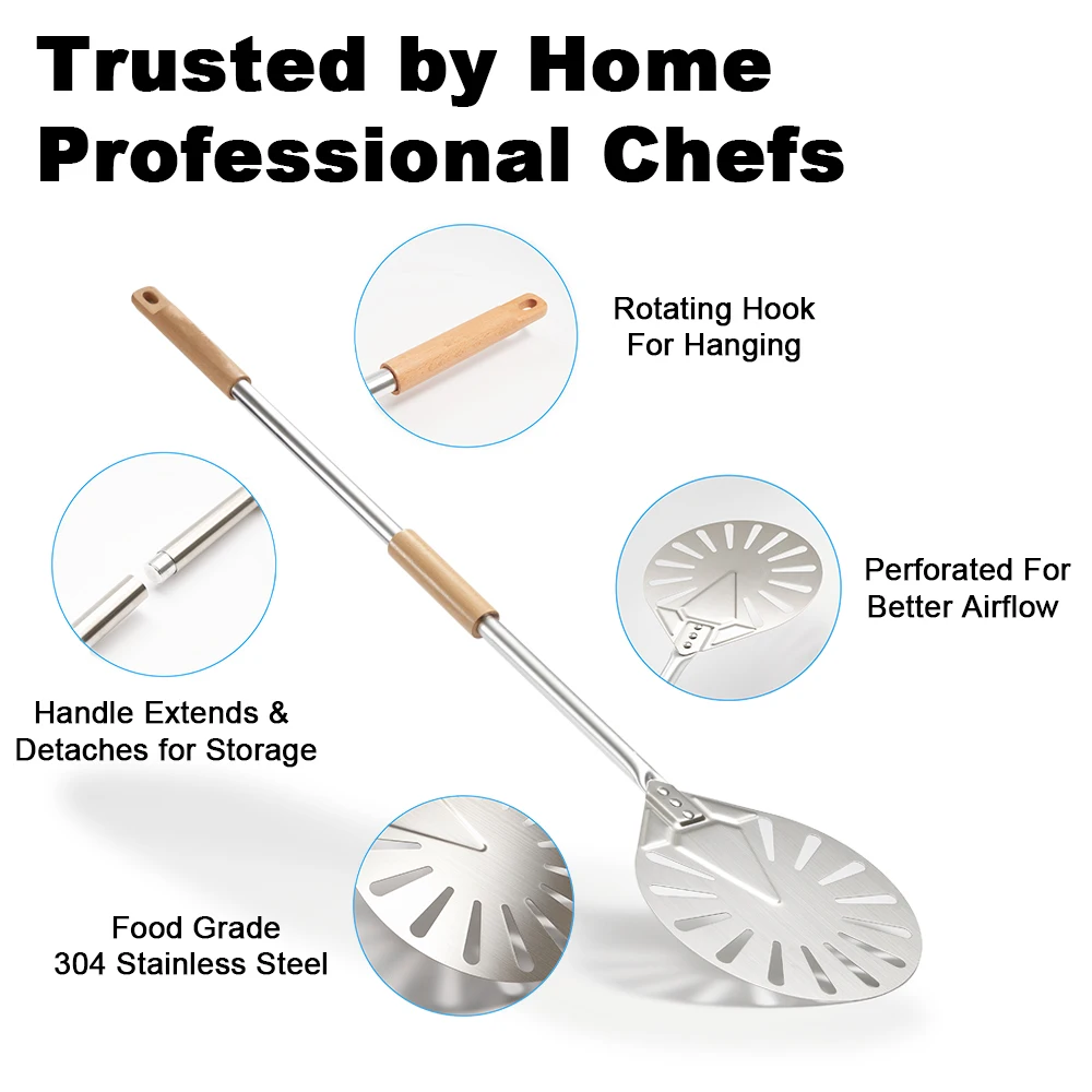 ROMALDO 7/8/9 Inch Turning Pizza Peel Stainless Steel Perforated Pizza Paddle Aluminium Alloy Handle with Wooden Sliding Sleeve
