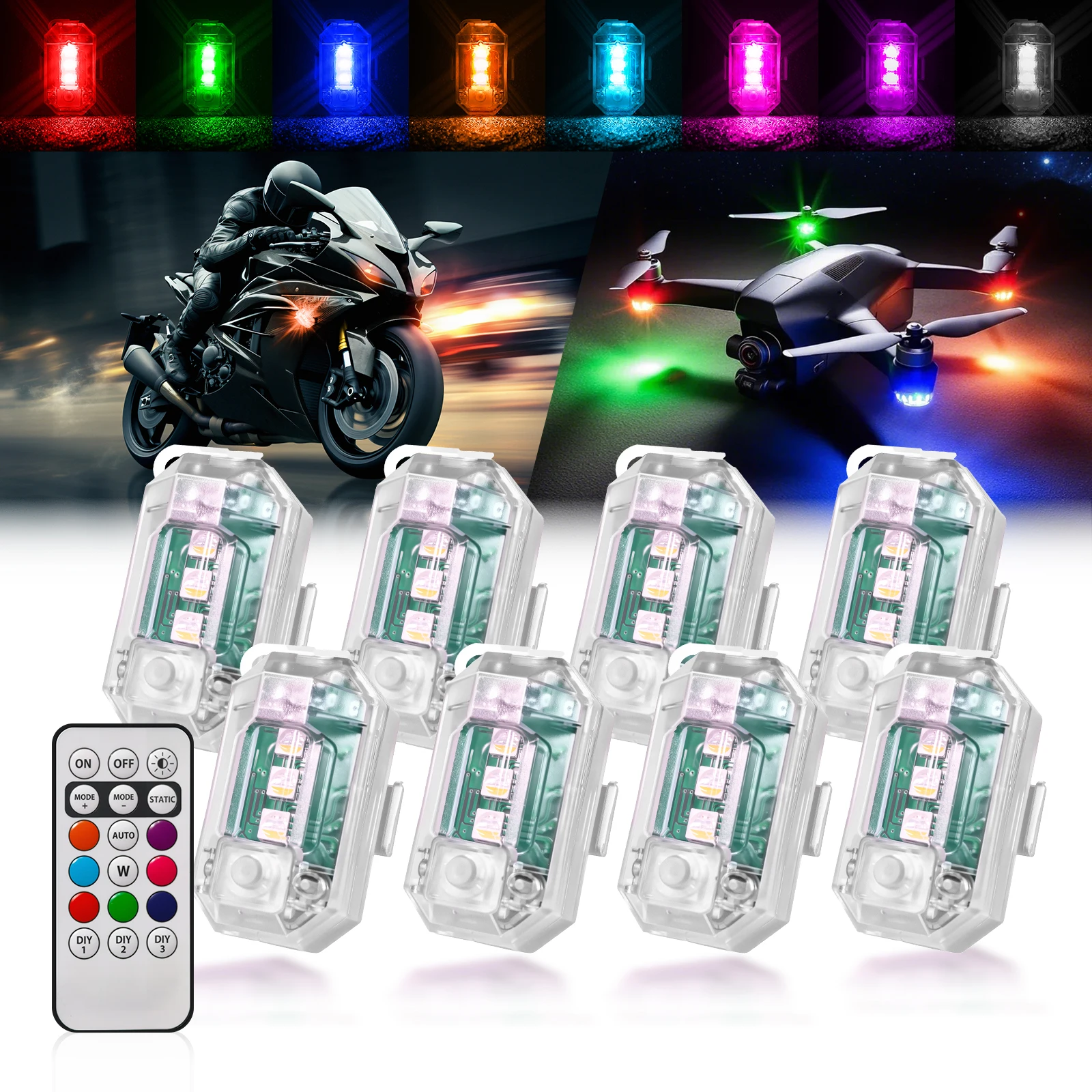 

Wireless LED Strobe Lights with Remote Control, 8 Colors Waterproof Anti-Collision Led Warning Lights For Motorcycle Drone Bike