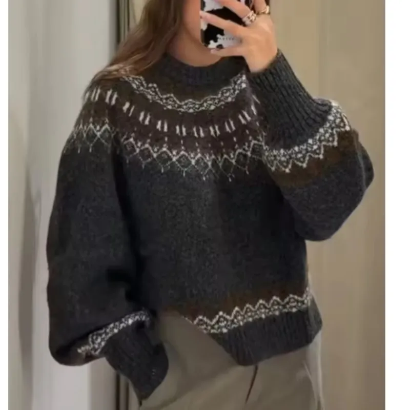 เสื้อสเวตเตอร์ถักลายแจ็คการ์ดสำหรับผู้หญิง สไตล์วินเทจ อุ่นสบาย คอกลม ลำลอง แฟชั่น แขนยาว เสื้อสตรีทแวร์