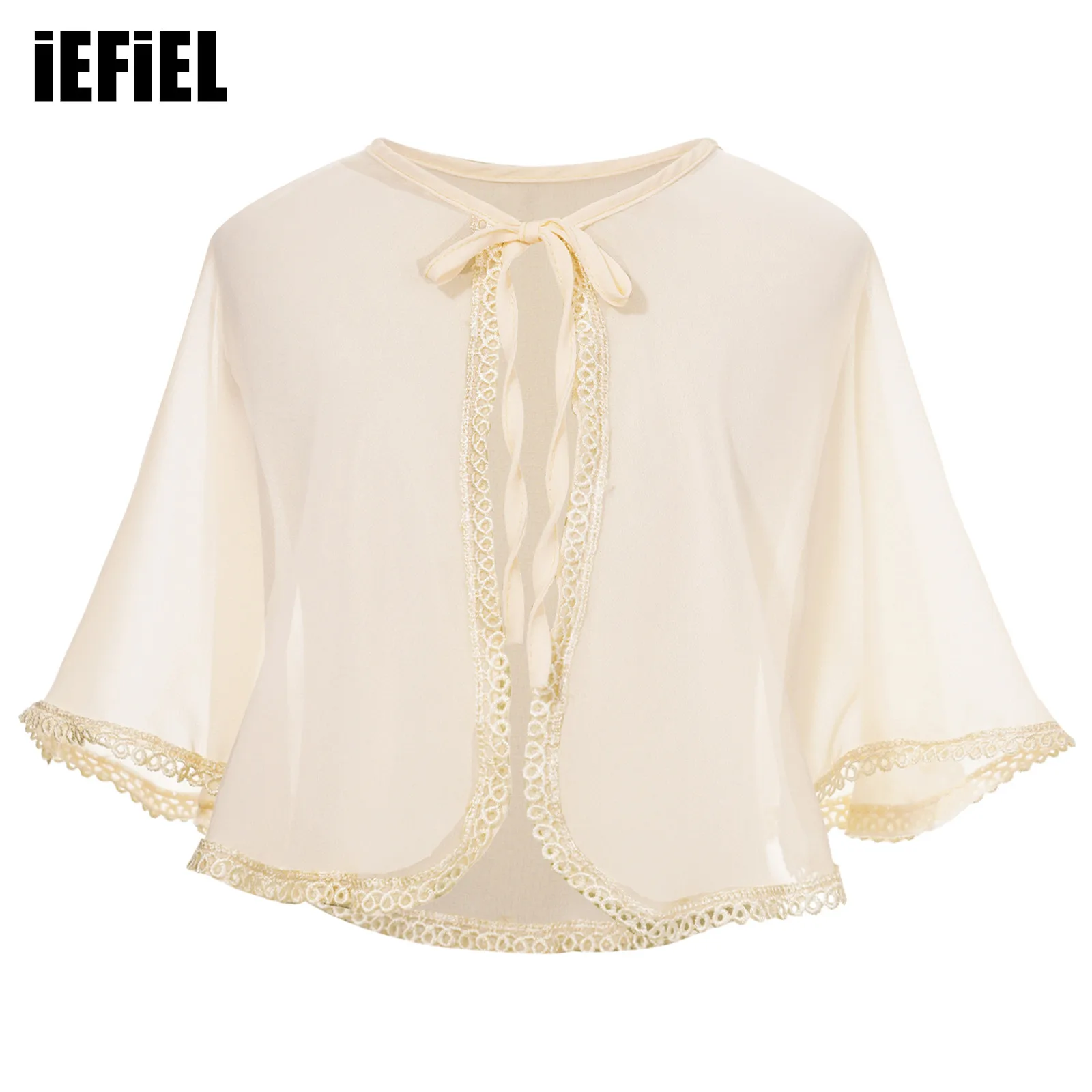 

Kids Girls Elegant Lace Trim Bolero Top Chiffon Cardigan Sheer Lace-up Shawl Shrug Top for Birthday Wedding Party