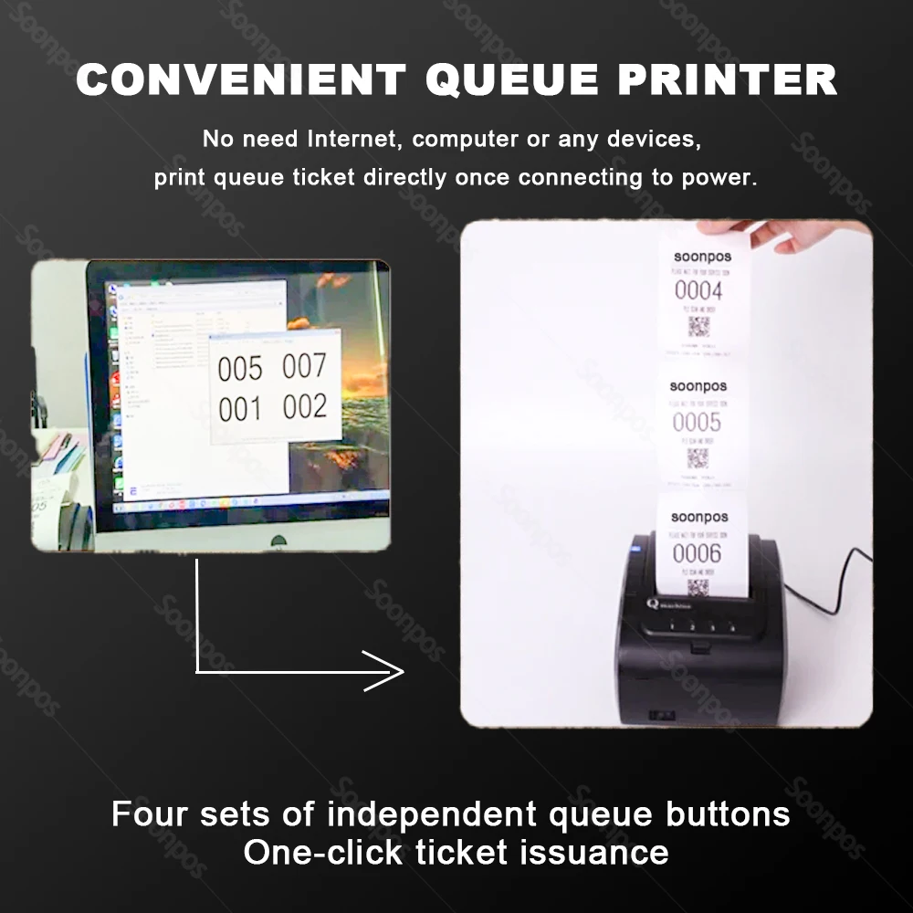 Soonpos One-Click Thermal Queue Number POS Receipt Printer 80mm Auto Cutter No need Internet PC or Laptop With USB LAN Serial