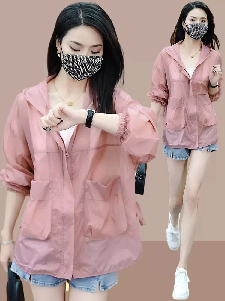 

2024 Summer Women Fashion Hooded Sun Protection Jacket Female Thin Solid Color Clothes Tops Ladies Loose Casual Outerwear S32