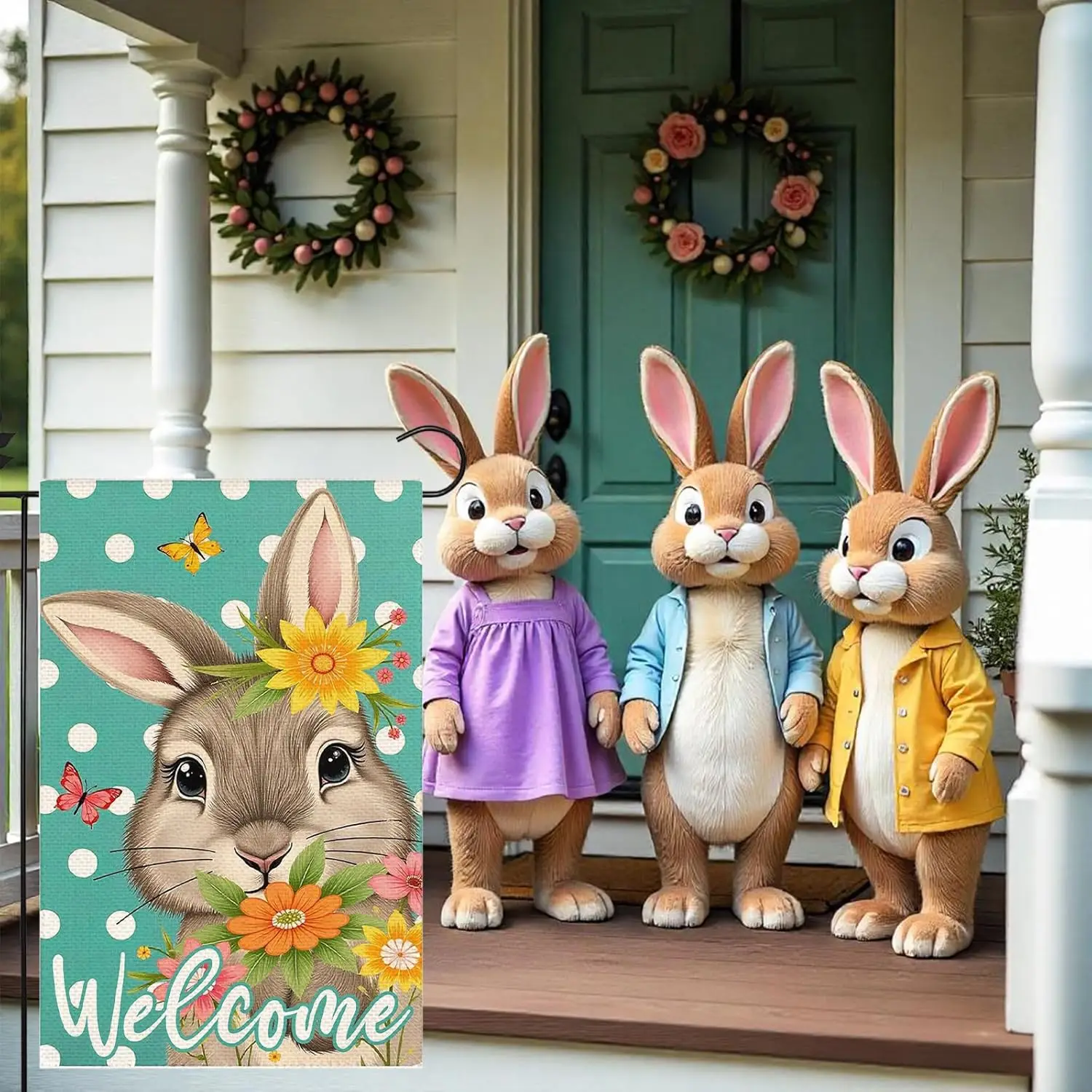 Happy Easter Rabbit Flowers 12x18 inch Double-side Burlap Garden Flag Home Outdoor Yard Holiday Spring Decoration Flag UUL EEZ