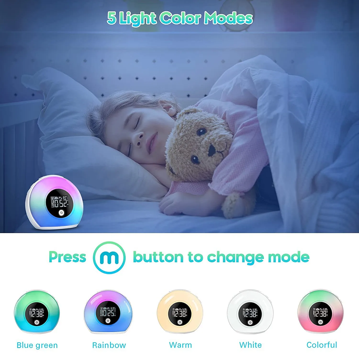 BHTS-Night Light Alarm Clock Bluetooth Speaker 5 Colors Wake Up Light Alarm Clock Bedside Colorful LED Digital Clocks Player