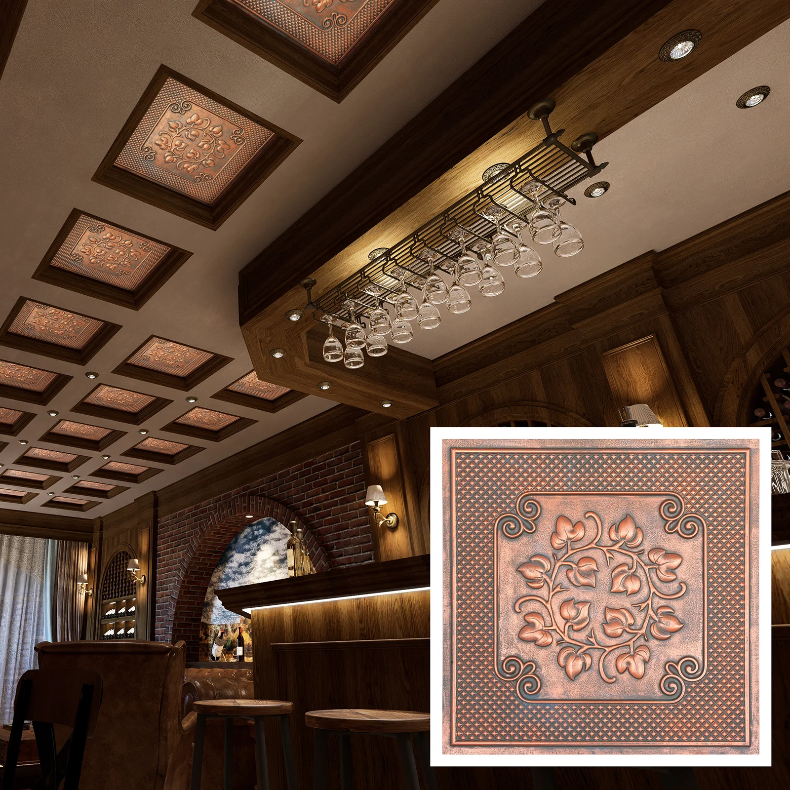 Art deco style ceiling tiles Embossed wall panels for Cafe Club PL66 Rustic copper 10tiles/lot