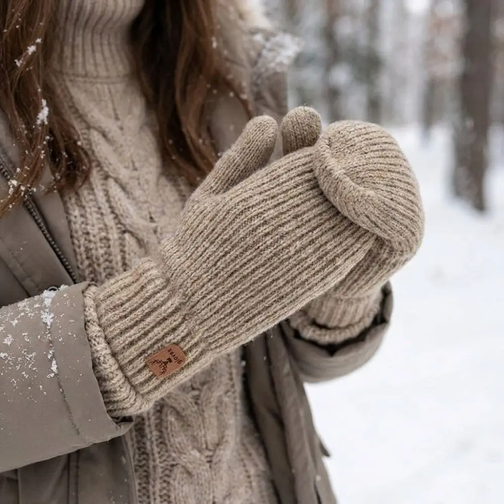 Suitable Fluffy Double-Layer Mittens Warm No Shedding Warm Gloves Vertical Striped Pattern Thick Knit Mittens Winter
