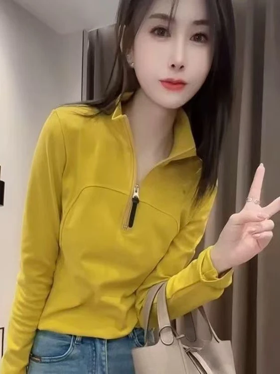 

Модная женская повседневная блузка с длинным рукавом, воротником-стойкой и молнией, свободного кроя, из полиэстера, для весны и осени