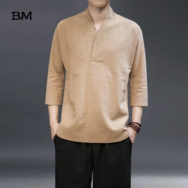 Chinese Style Cotton Linen T Shirt Men Summer Thin Hanfu Ancient Style 3/4 Sleeves Solid Color Kung Fu Clothes Harajuku Top