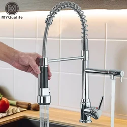 Grifo de fregadero de cocina de latón cromado, mezclador de agua fría y caliente extraíble, grifo de 2 modos con doble caño, rotación de 360, montado en cubierta Flexible