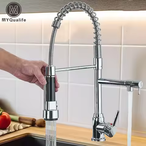 Chrome Brass Kitchen Sink Faucet Pull Down Hot and Cold Water Mixer2 Mode Tap with Dual Spout 360 Rotation Flexible Deck Mounted