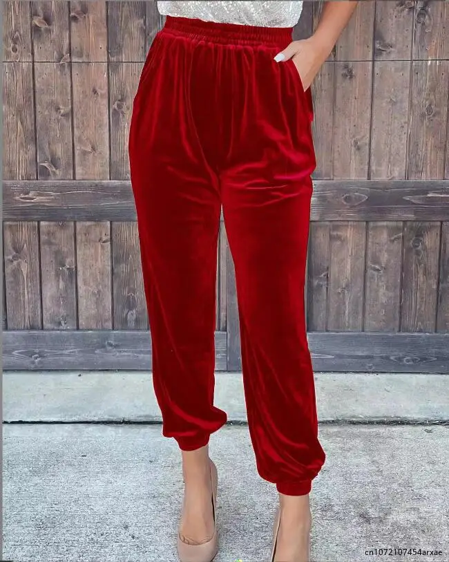 

Fashionable Elegant Red Velvet Pants For Women Autumn Winter Elastic High Waist Casual Shorts Women Fashion Solid Loose Trousers