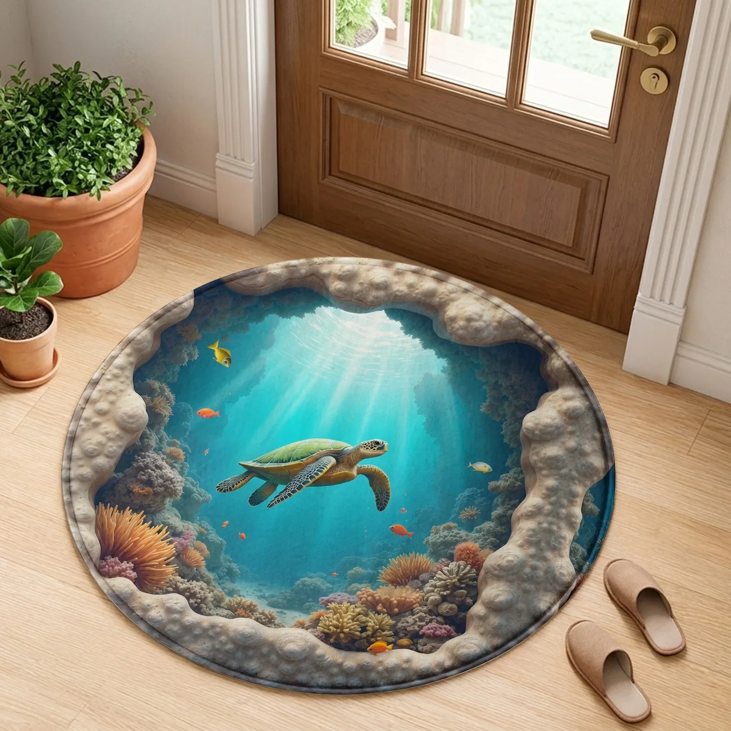3D Realistic Sea Turtle Ocean View Round Rug, Underwater Coral Reef Marine Life Floor Mat for Living Room, Bedroom, or Entryway