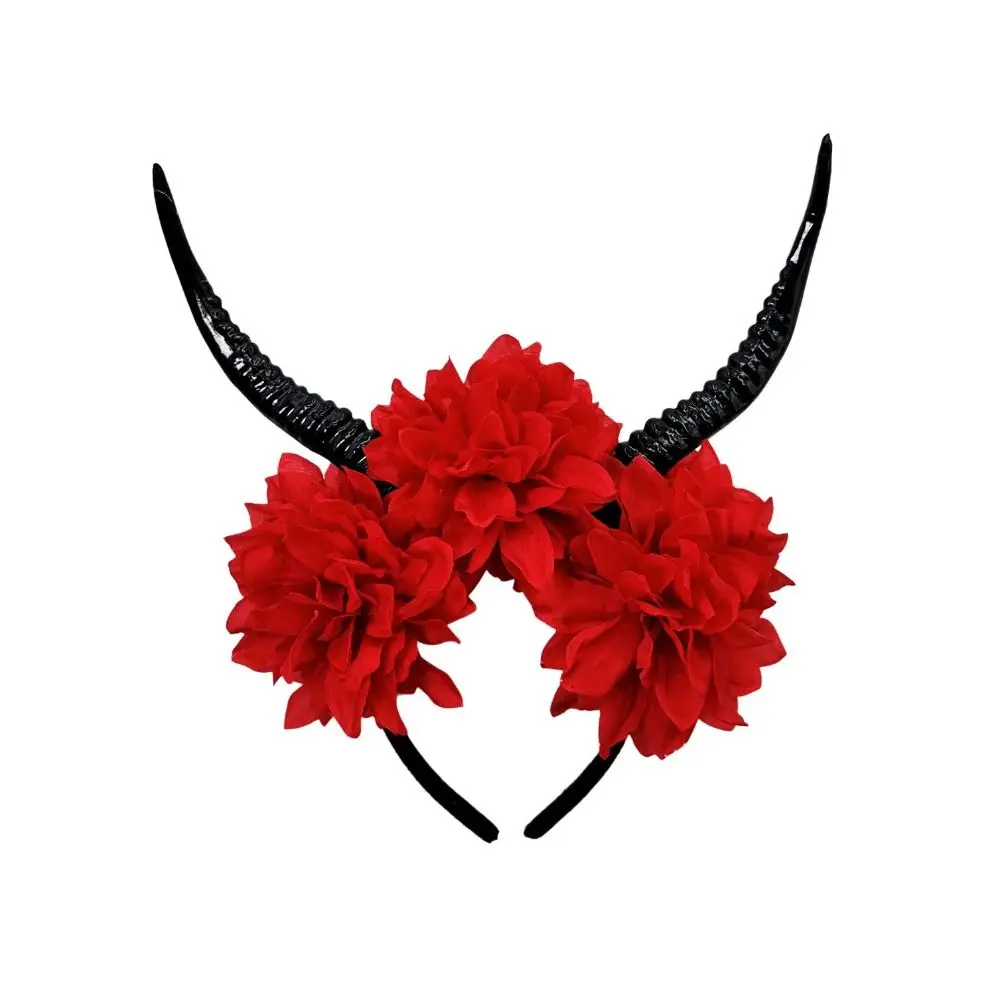 Esagera la fascia in corno da demone, fiori di simulazione, accessori per capelli da strega, copricapo gotico, decorazione del festival della regina cattiva