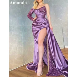 Amanda Off the Shoulder vestidos de noche Satin Mermaid Prom Dresses Elegant One Sleeve Sexy Side High Split Formal Evening 2024