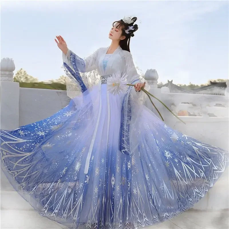 

Hanfu Dress Women Chinese Traditional Fairy Cosplay Costume Gradient Blue Stars Dance Dress Ancient Hanfu Dress Plus Size XL